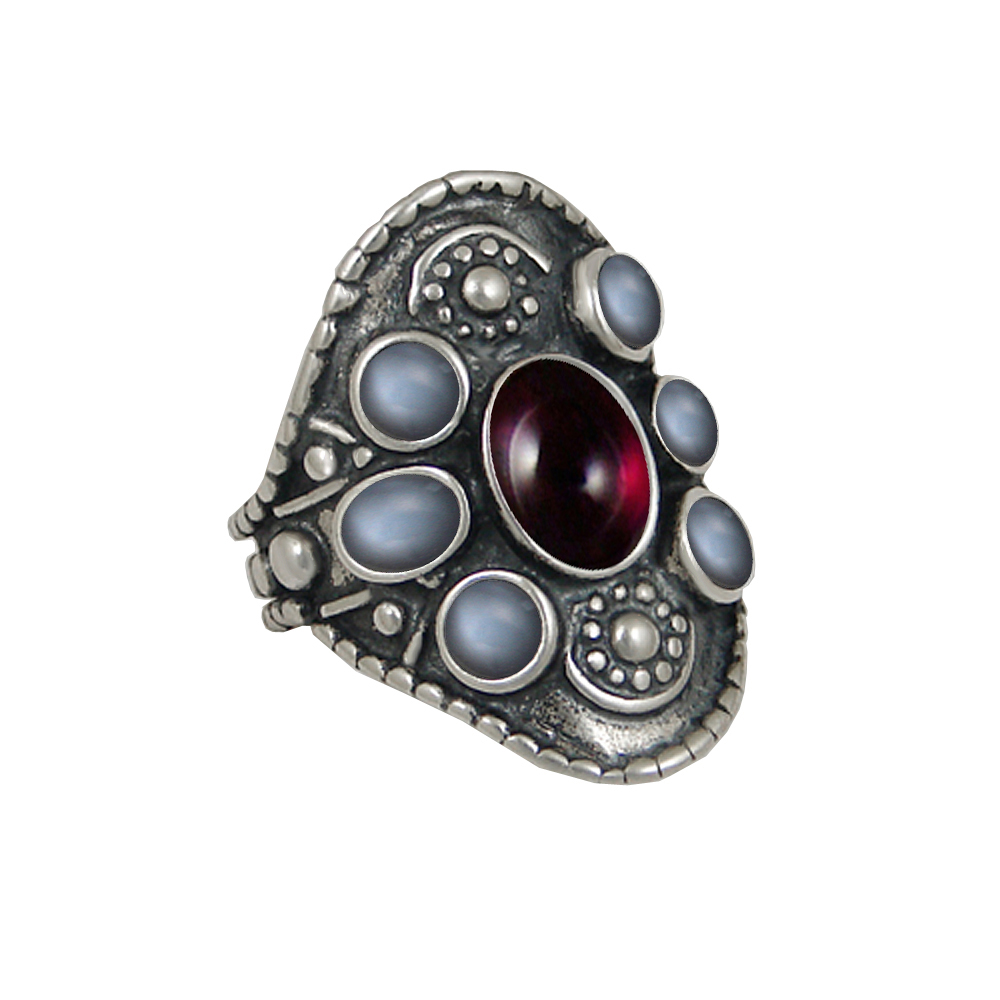 Sterling Silver High Queen's Ring With Garnet And Grey Moonstone Size 8